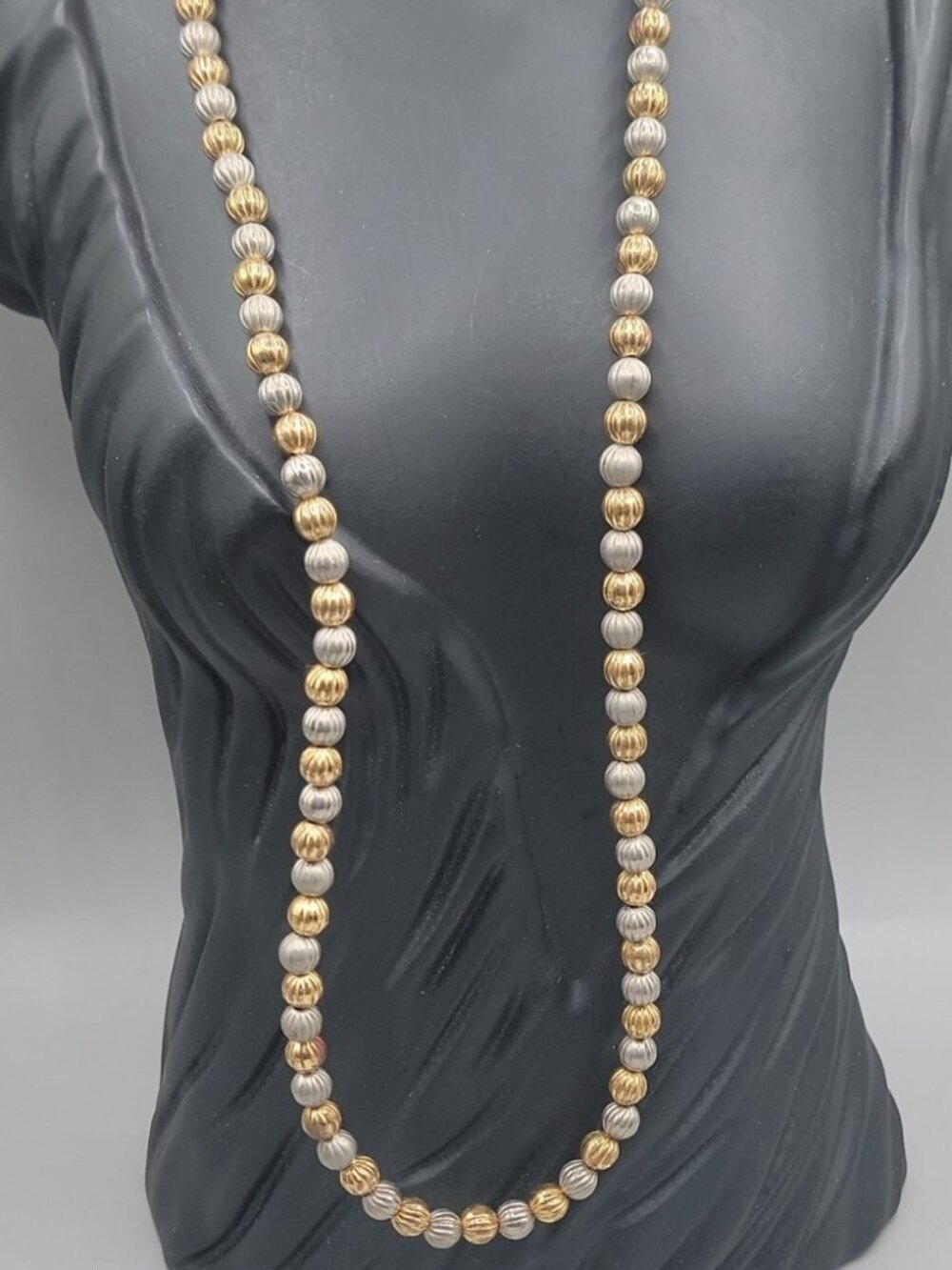 Vintage Karla Jordan Two Tone Ribbed Beaded Necklace 24" Gold Silver Tone Ball